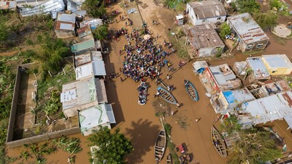 Aerial of the poor population of Africa living in old buildings during the flood