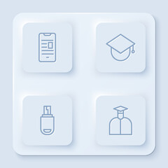 Set line Online book on mobile, Graduation cap globe, USB flash drive and Student. White square button. Vector
