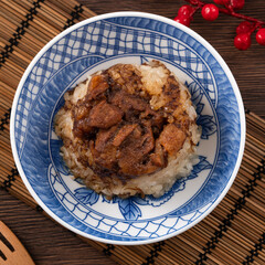Migao, tube rice cake, rice pudding in a bowl, delicious Taiwanese street food.