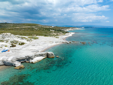 Alacati Beach in Cesme Town, Delikli koy aerial view with drone