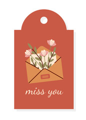 Valentine tag with envelope. Love message and letter with beautiful flowers, bouquet. Romantic relationship. Valentines Day and wedding anniversary. Cartoon flat vector illustration