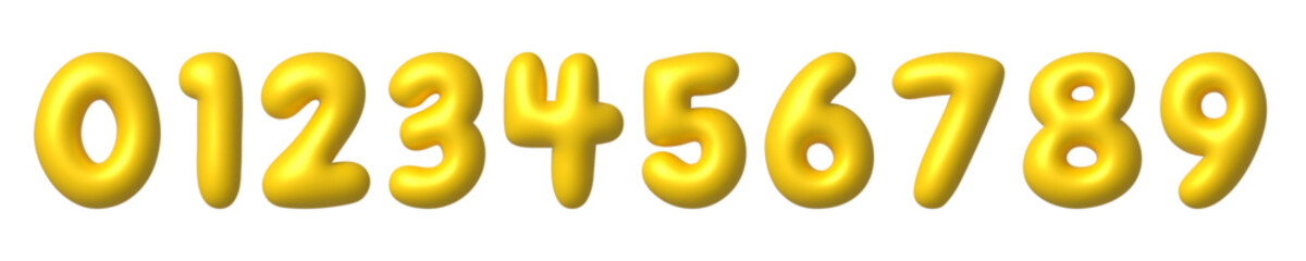 Set of yellow 3D numbers icons. Cute metallic cartoon math font with shiny bright highlights. 3d realistic vector design element.