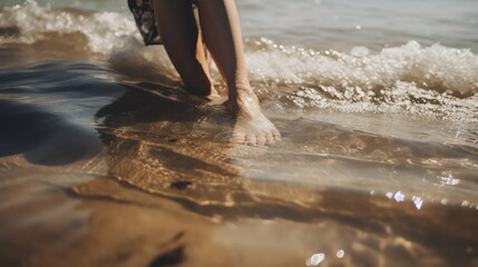 feet walking along beach shore in golden light, made with generative ai