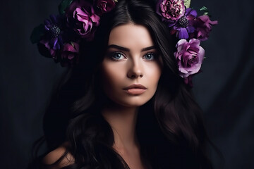 Naklejka premium Brunette Model Portrait with Purple Flowers in her Hair, Beauty Woman With Long Black Hair, generative AI tools