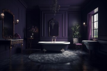 Contemporary elegant purple bathroom interior design, Generative AI