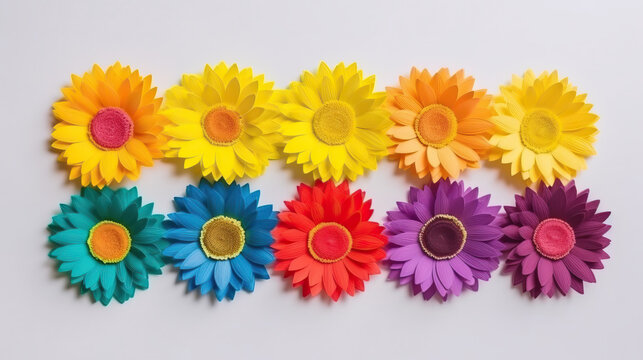 Spring rainbow flowers of colorful sunflowers background top view in flat lay style. Greeting for Womens or Mothers Day or Spring Sale Banner. Generative AI