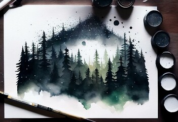 Watercolor painting, illustration, greeting card. fog Forest, suburban landscape, silhouettes of fir trees, pines, trees and bushes, the night sky with stars. Green, white, gray colors. Generative AI