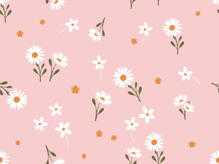 Seamless pattern with daisy flower on pink background vector illustration.