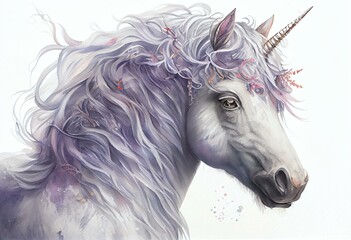 watercolor white unicorn illustration, fairy tale creature, violet curly hair, mythical animal clip art, isolated on white background. Generative AI