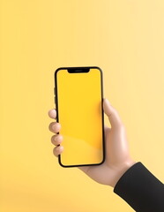 Fototapeta na wymiar 3D hand holding blank phone isolated on yellow background, made with generative ai