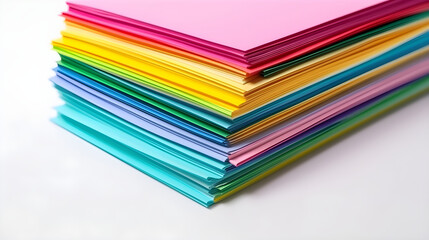 a stack of stationery on the left, white background. generative ai