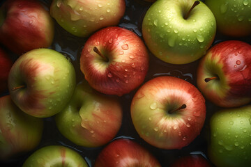 Fresh Apple seamless background, adorned with glistening droplets of water. Top down view. generative ai