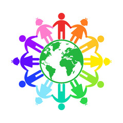 World Children's Day symbol with boys and girls standing together holding hands around the globe. Rainbow colored silhouette in icon style. Universal vector sign for baby protection and care concept.