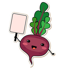 Joyful beetroot with an information plate in his hands. Cool vegetable. Vector illustration, sticker. 