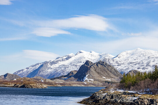 Snow covered mountains in spring,Helgeland coast,Norway