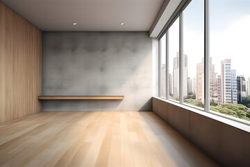 Fototapeta premium Modern wood and concrete bathroom interior with empty mock up place on wall,ai
