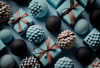 Seasonal Wallpaper with Christmas Presents Neatly arranged in a Grid. Trendy Duck Egg Blue and Black banner. Generative AI