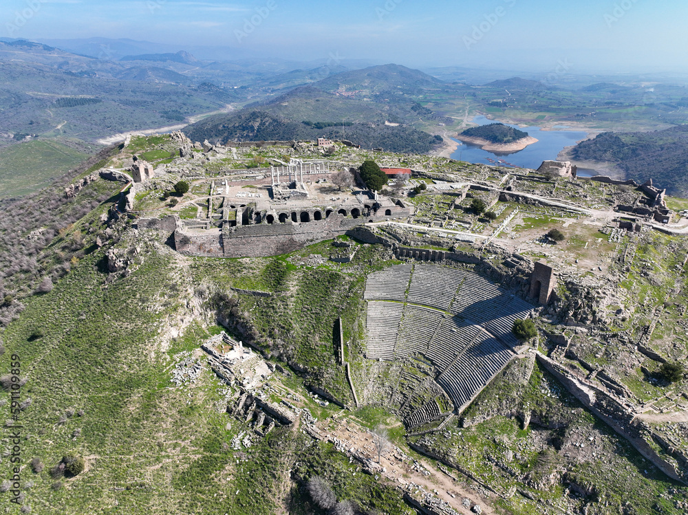 Wall mural aerial drone shooting of ancient city of pergamon acropolis. izmir - turkey