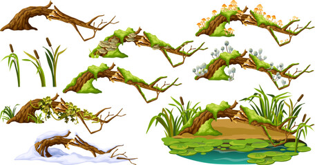 Cartoon broken tree in moss in swamp jungle. Stump with liana branches, ivy, cattails, bulrush. Log in honey mushrooms, under snow, with fungus. Isolated vector elements game on white background. - obrazy, fototapety, plakaty