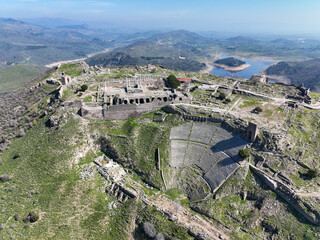 Aerial drone shooting of ancient city of Pergamon acropolis. Izmir - Turkey