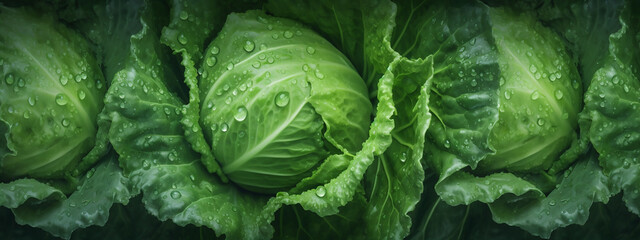 Obraz premium Cabbage heads lined up, their leaves adorned with nature's dew, a display of greenery in its most natural state. Top view.