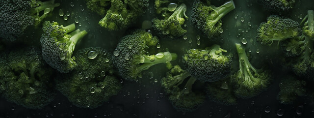 Broccoli florets close-up, each speckled with water droplets, against a dark backdrop highlighting their fresh, green texture