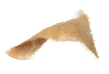 Sand flying explosion, Golden grain wave explode. Abstract cloud fly. Yellow colored sand splash throwing in Air. White background Isolated high speed shutter, throwing freeze stop motion