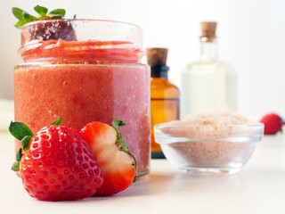 Strawberry body scrub with pink Himalayan salt and almond oil