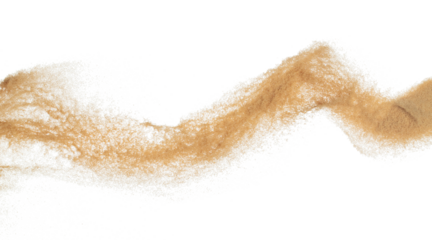 Sand flying explosion, Golden grain wave explode. Abstract cloud fly. Yellow colored sand splash throwing in Air. White background Isolated high speed shutter, throwing freeze stop motion