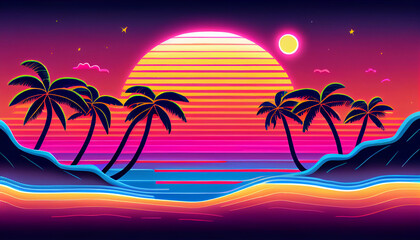 Fototapeta na wymiar beach vibrant colorful neon Vintage Minimalistic, Generative AI