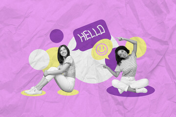 Creative abstract template graphics collage image of dreamy funny ladies chatting together isolated drawing background