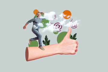 Exclusive magazine picture sketch collage image of excited guy running arm showing thumb up isolated painting background