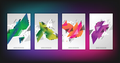 Naklejka premium Abstract geometric composition forms modern background with decorative triangles and patterns backdrop vector illustration set