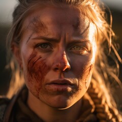 Warrior woman tired in wartime