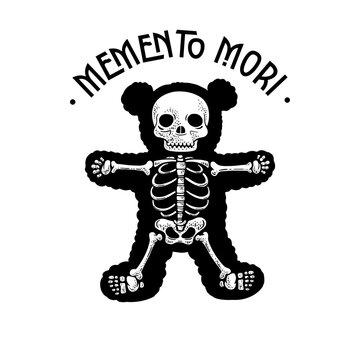 Memento mori t-shirt design teddy bear skeleton line art sketch engraving raster illustration. T-shirt apparel print design. Scratch board imitation. Black and white hand drawn image.