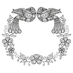 Bird and flower wreath hand drawn for adult coloring book