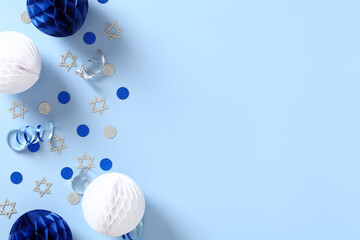 Banner design for Israel public holidays. Festival decorations on blue table top view.