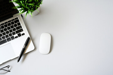 Office table with keyboard,mouse and cactus, copy space,Top view, flat lay
