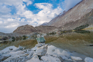 Tibetan praying stack stone beside Lake Yarab Tso - Leh Ladakh - India