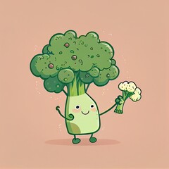 cute broccoli cartoon character gives flowers, cartoon style, modern simple illustration, created with generative ai
