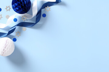 Independence Day of Israel greeting card template. Balls, ribbons, and confetti on blue background.