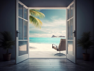 Open doors from a dark room, overlooking the beach of a tropical island, on the beach directly in front of these doors is an office chair. Generative AI