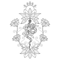 Waterlily and snake hand drawn for adult coloring book