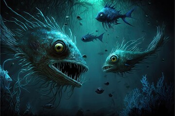 Spooky alien fishes swimming underwater, created with generative ai