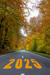  Text 2025 written on the road. New year concept. Inspiration of planning, goal, challenge, new...