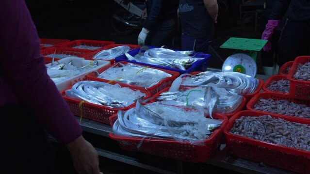 Fresh squids displayed in corner of the seafood market for trading at largest fishing port of Tho Quang, Vietnam