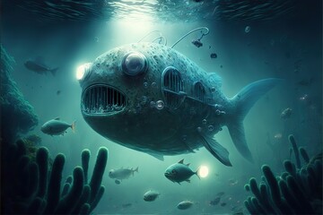 Alien ship fishes swimming underwater, created with generative ai