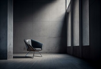 Modern minimalist interior with a gray armchair on empty cement wall background. Generative AI