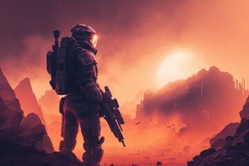 Sci-fi soldier with the gun. Futuristic soldier standing on city ruins against the glowing planet, Generative AI