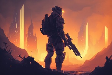 Sci-fi soldier with the gun. Futuristic soldier standing on city ruins against the glowing planet, Generative AI - obrazy, fototapety, plakaty
